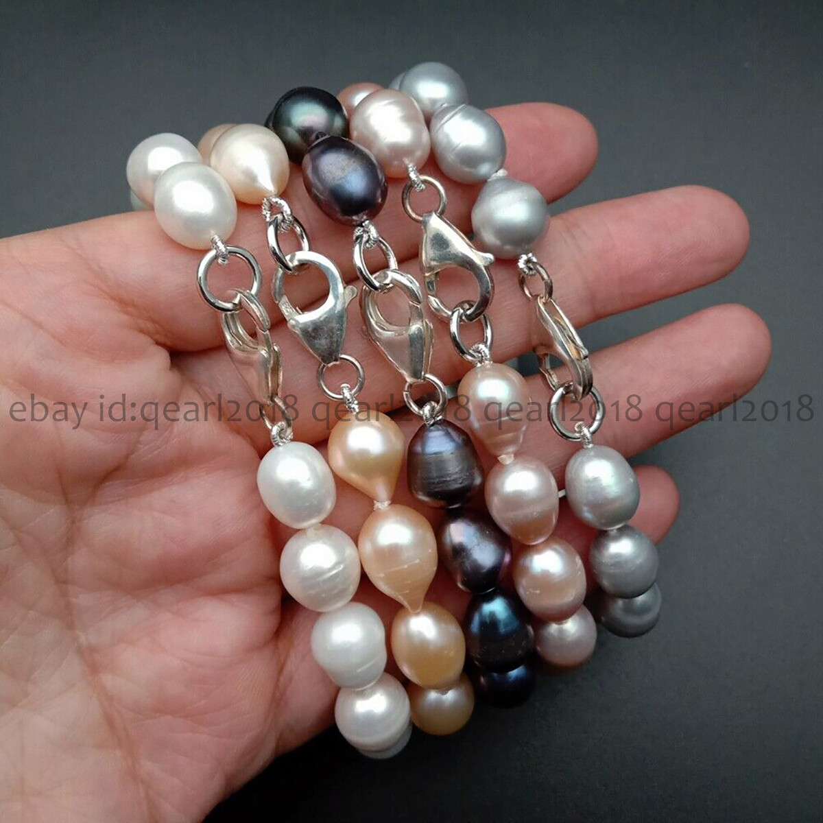Natural White Black Gray Pink Purple Rice Cultured Pearl Beads Bracelet 7-8.5”