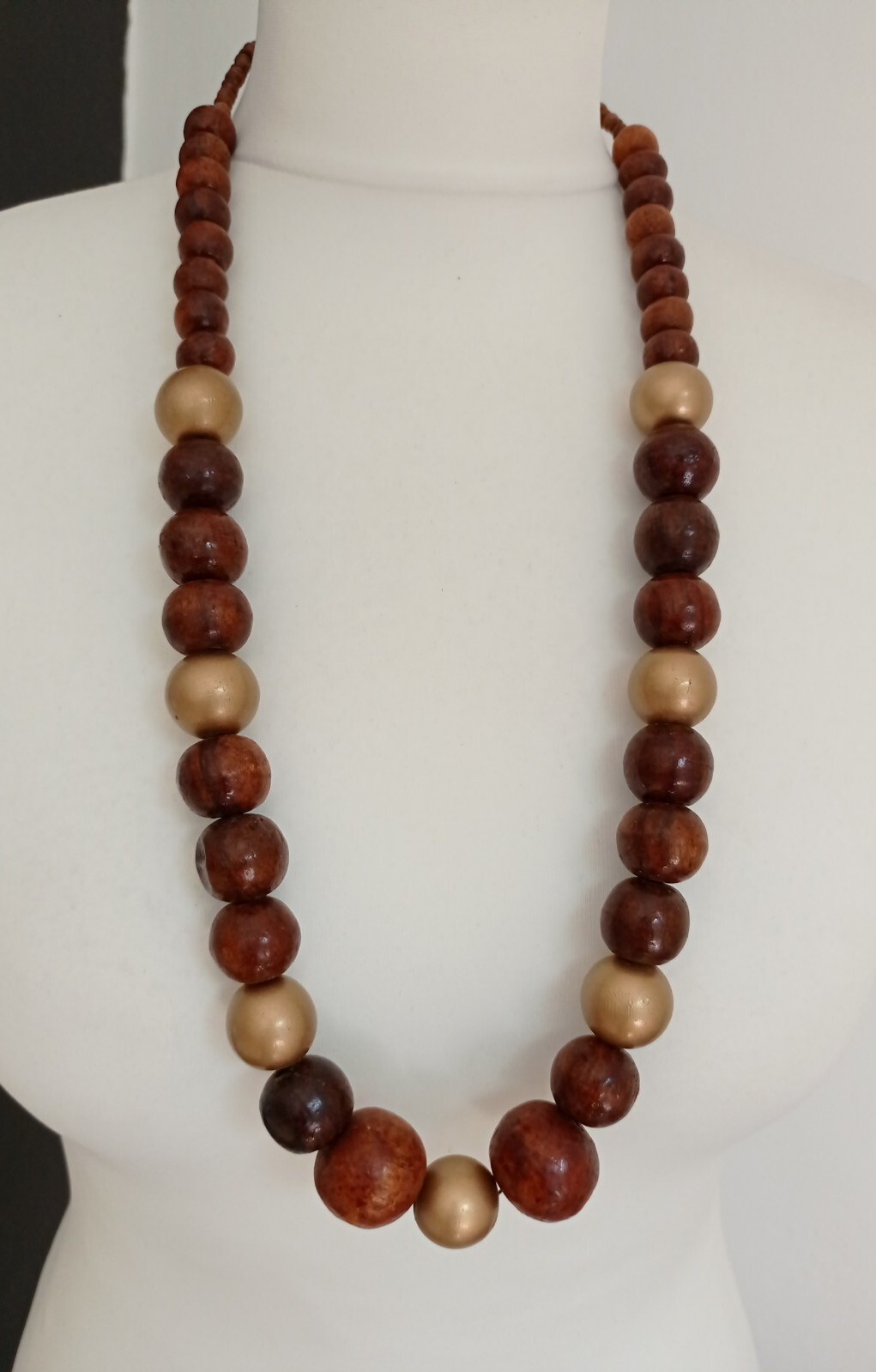Boho Statement Chunky Round Wooden Beaded Brown & Gold Colour Necklace-82cm Long