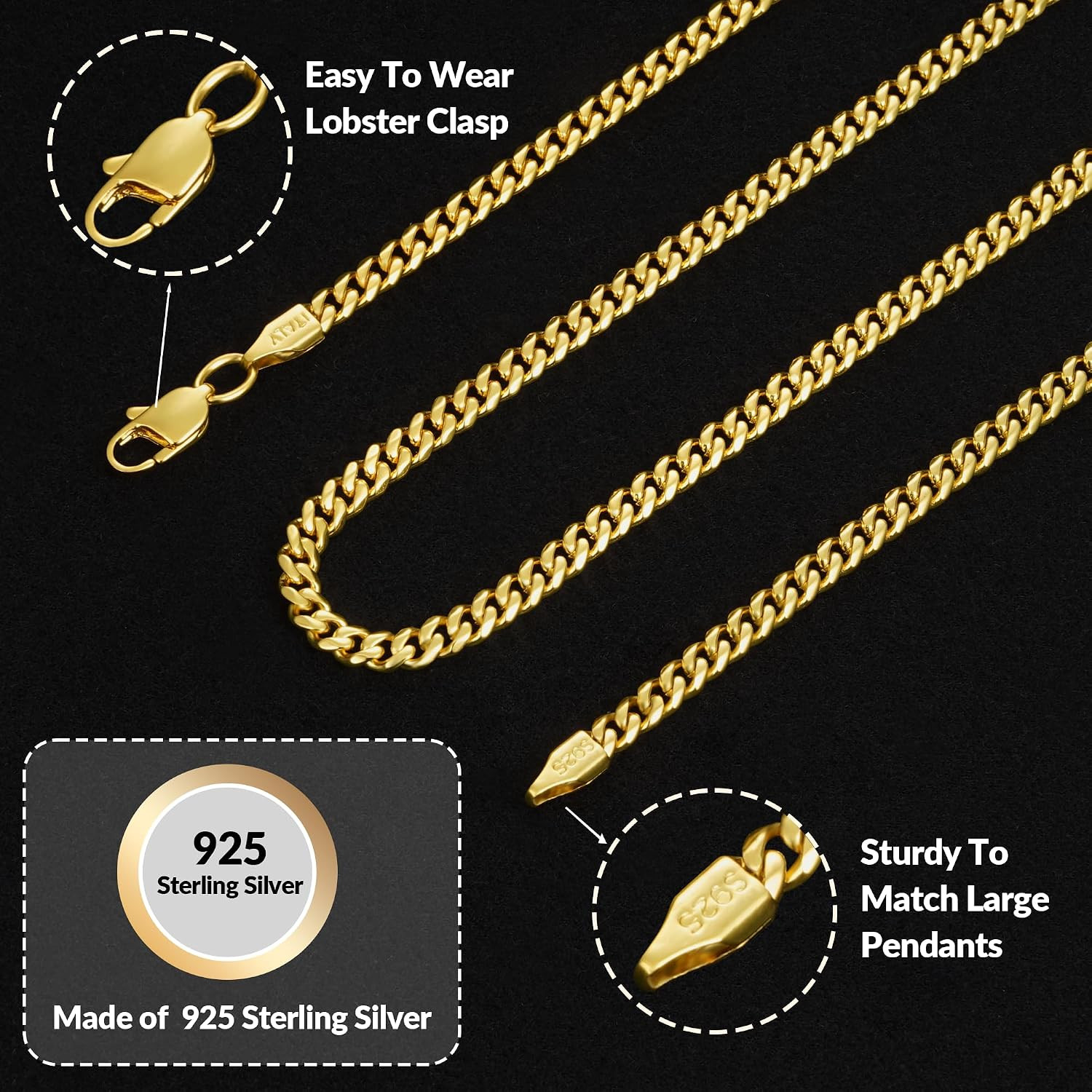 925 Sterling Silver Chain for Men, 18K Gold Plated 4mm Miami Mens Cuban Link Cha