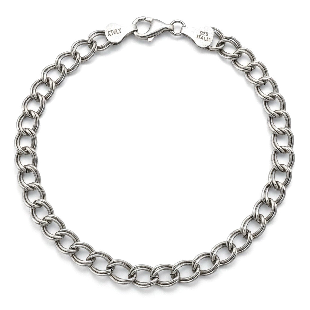 925 Sterling Silver Double Link Curb Chain Charm Bracelet 8″ 6mm Italy 7.68g