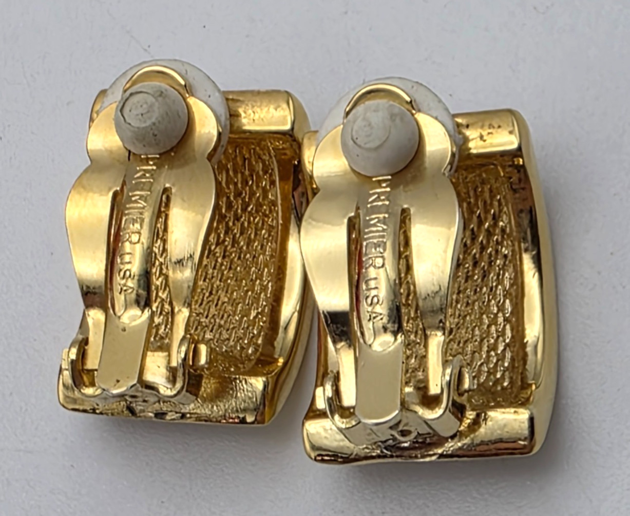 Premier USA Gold Tone Silver Textured Half Hoop Clip On Earrings 22.4mm Vintage