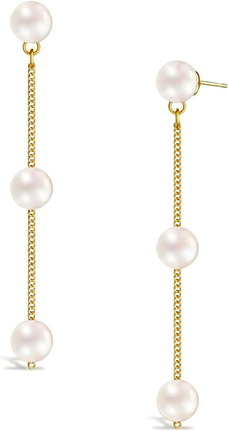 Dainty Pearl Dangle Earrings for Women – Trendy 14K Gold Plated Pearl Hypoallerg