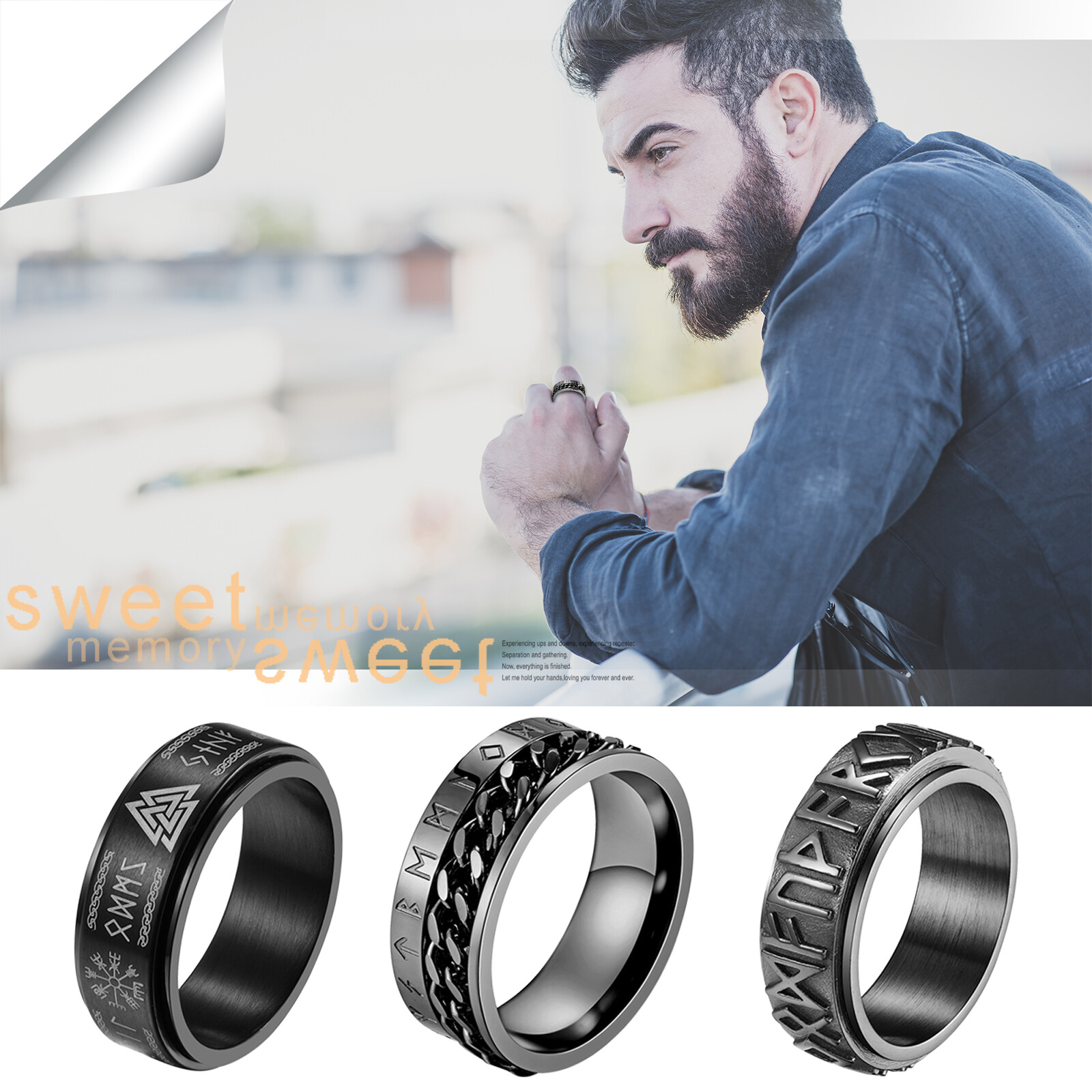 3pcs Men’s Nordic Rune Anti-Anxiety Spinner Ring Band Size 6-12 Viking Jewelry