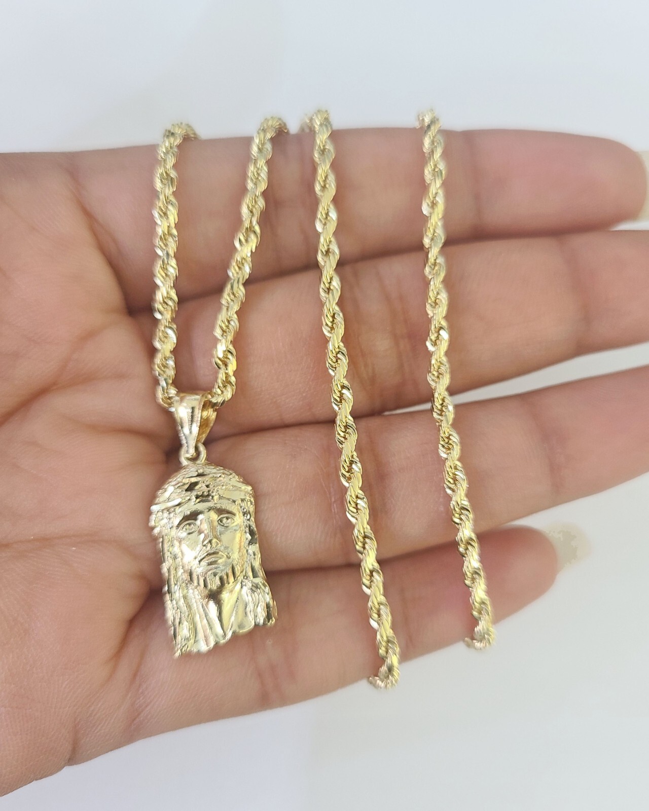 10k 2.5mm Rope Chain Jesus Head Pendant 18″-30″ Yellow Gold Set Charm Necklace