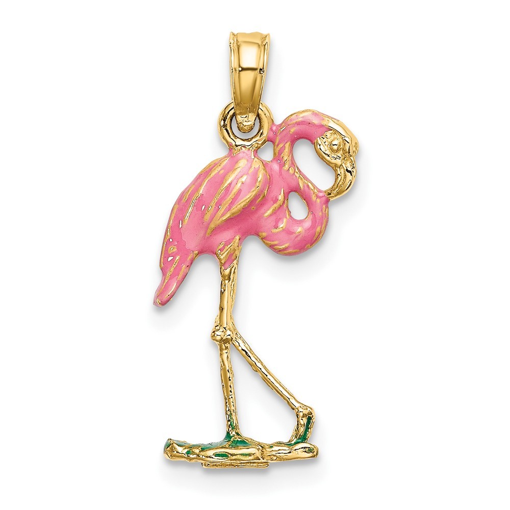 10K Yellow Gold 3-D Pink Enamel Flamingo Charm Pendant L 19.4mm, W 10.9mm