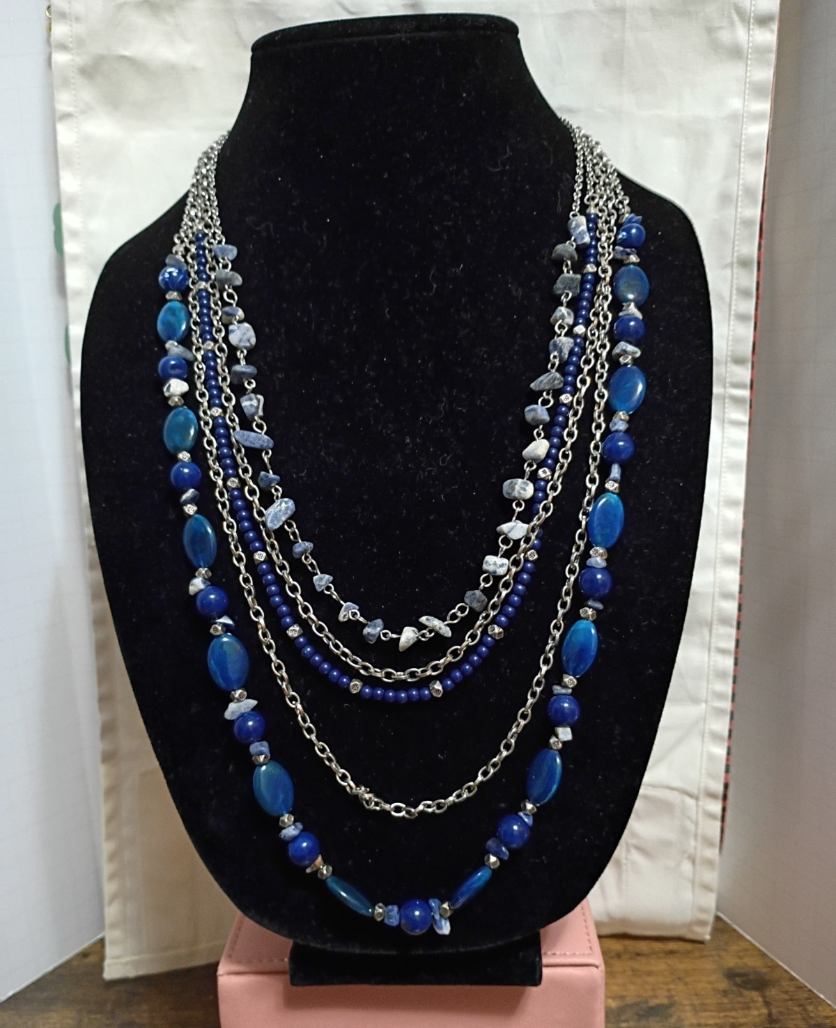 Blue Beaded Layered Cable Chain Necklace Silver Tone Adjustable Lobster Clasp