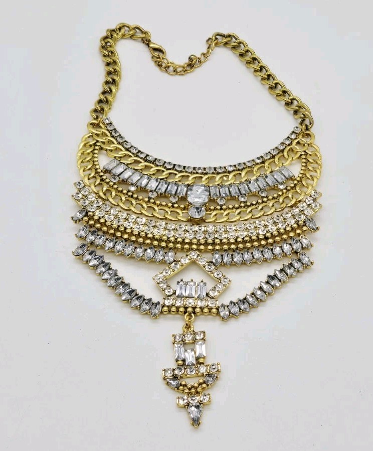 Geometric Bib Necklace White Crystal Rhinestone Dangle Gold tone Couture 15 in