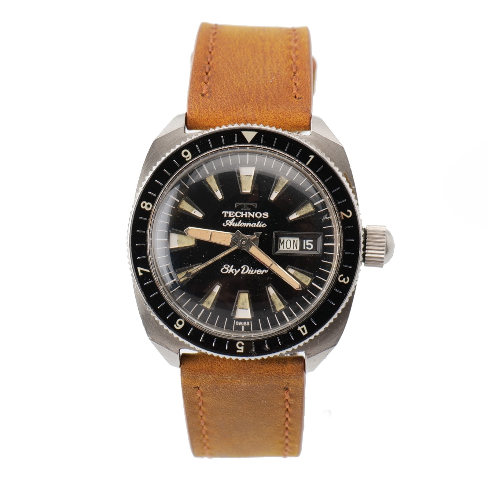 Vintage TECHNOS Sky Diver Watch Glossy Black Dial Diver Watch Running 37.5mm