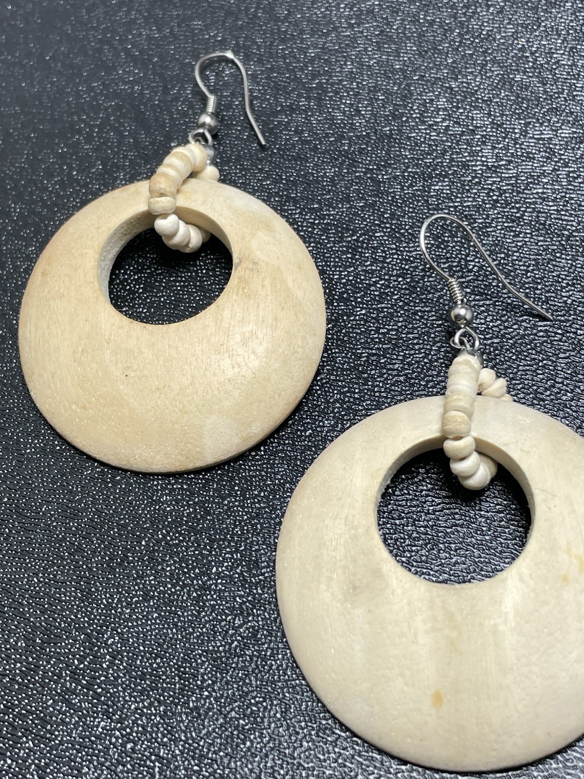 Vintage 2.8” Wood Beaded Dangle Bohemian Hook Earrings