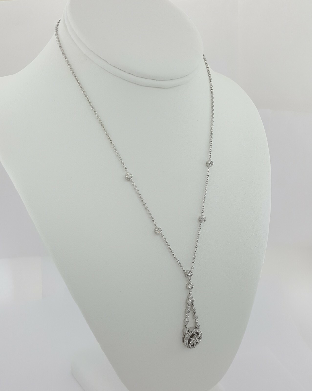 Round & Marquise Cut Diamond Drop Necklace 8.8 Grams 17″ 1.2 ct 14K White Gold