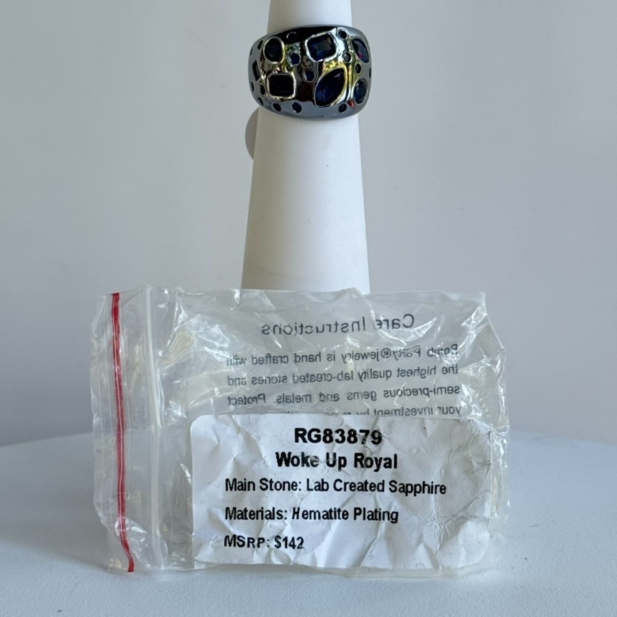 Bomb Party September Ring Size 5 LC Sapphire on Hematite “Woke Up Royal”