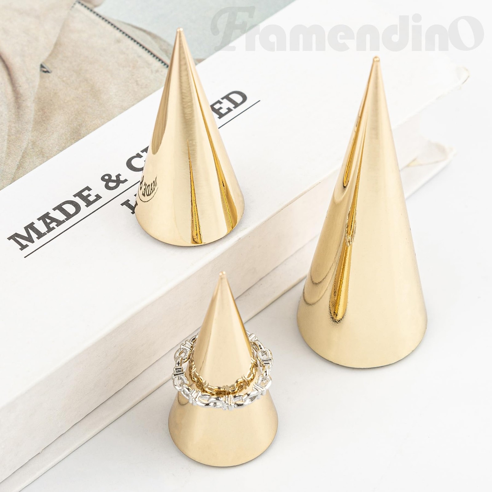 Framendino, 4 Pack 2 Sizes Metal Ring Holder Cone Shape Display Stand for Jew…