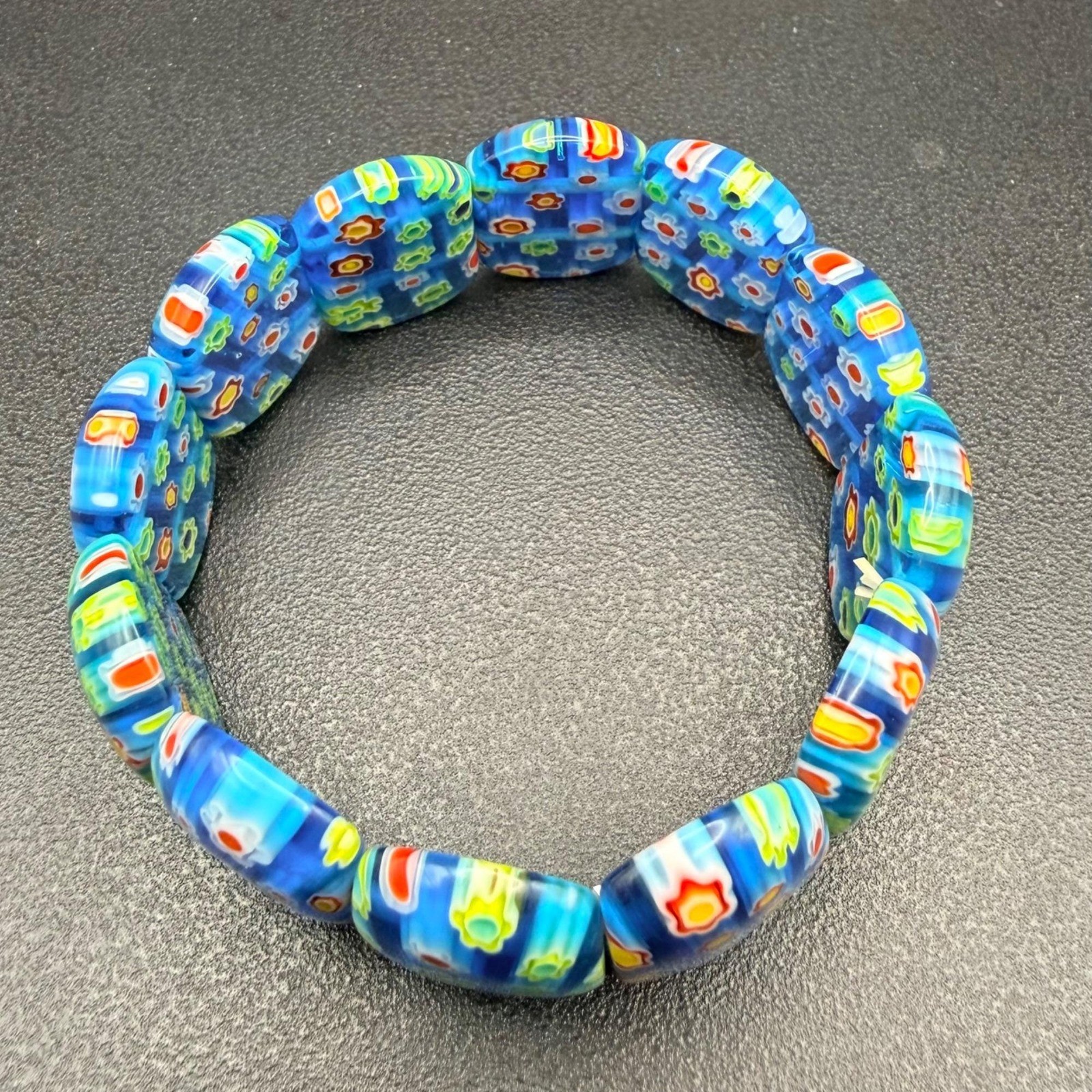 Millefiori Glass Stretch Bracelet Blue Floral Beads Vivid Colors 7″ Caned Glass