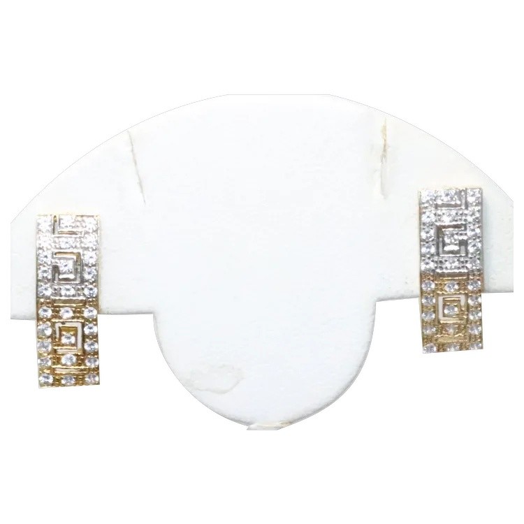Vintage 18KT Two Tone Gold Cubic Zirconia Greek Key Earrings