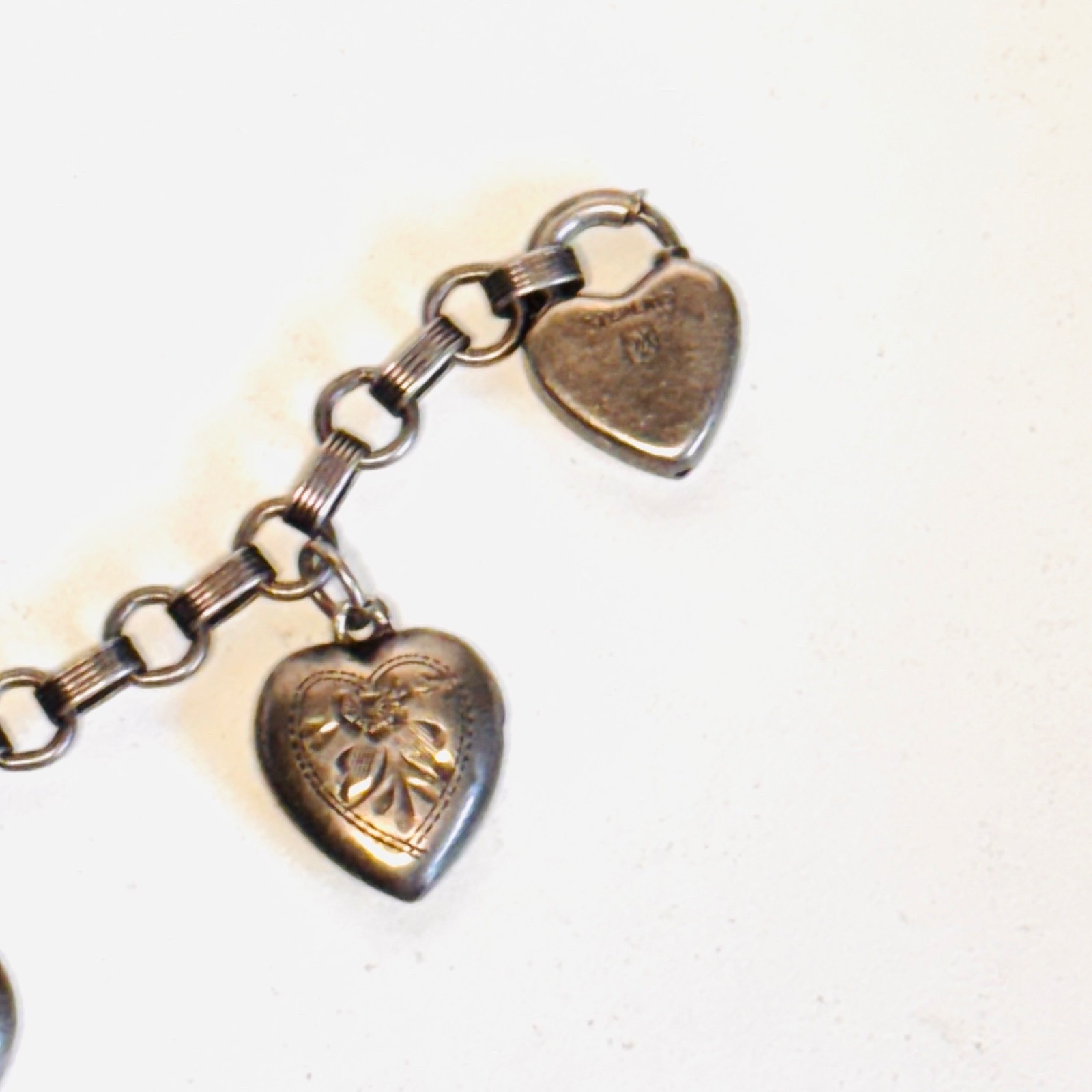 WALTER LAMPL Sterling silver bracelet puffy heart charm lock engraved vint 14.9g