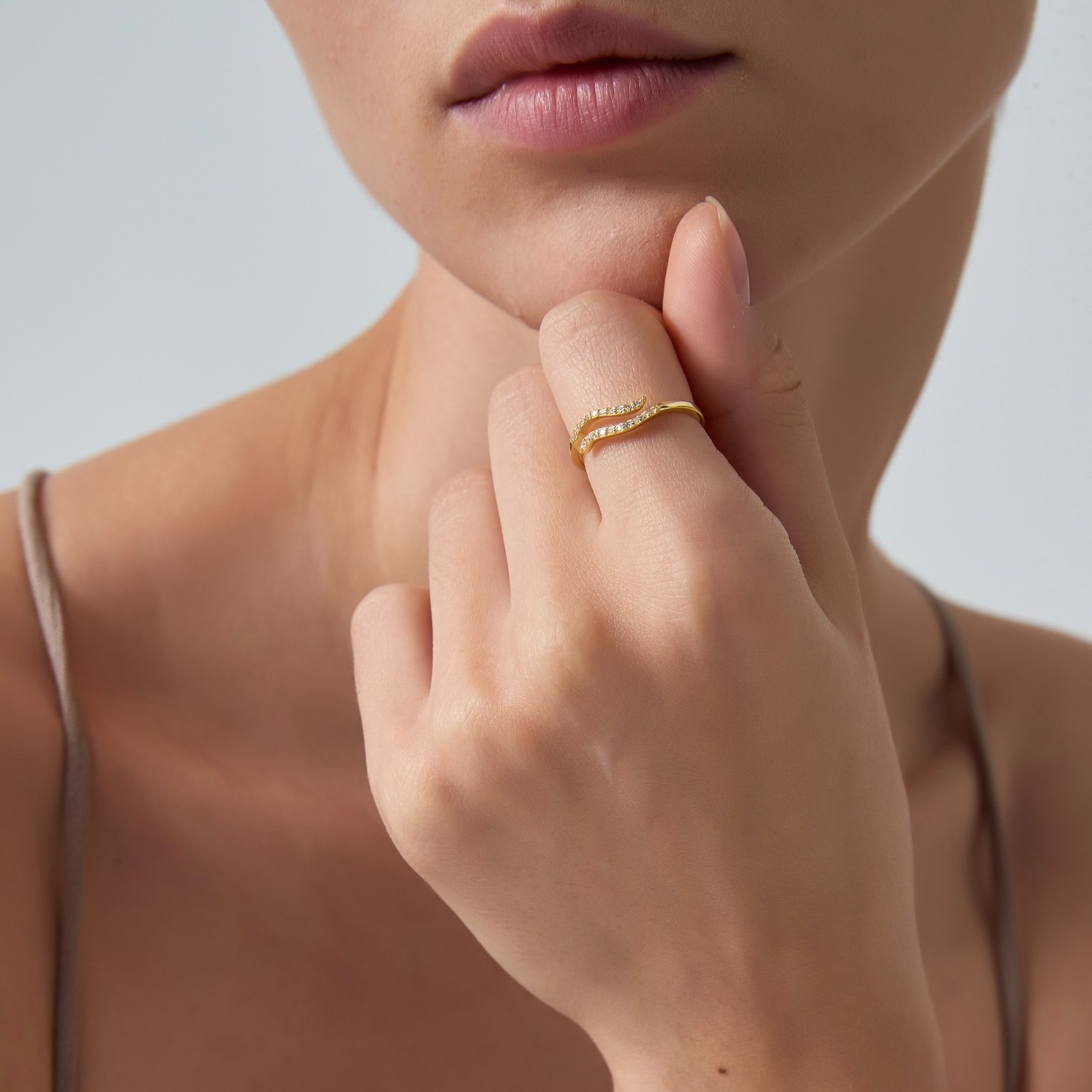 Dainty Gold Sea Ocean Wave Beach Stacking Bypass Ring in 925 Sterling Silver