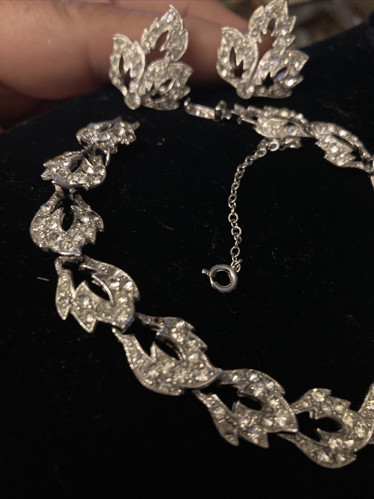 Vintage Ora Rhinestone SilverTone Safety Chain Bracelet 8”+ORA Earrings Set