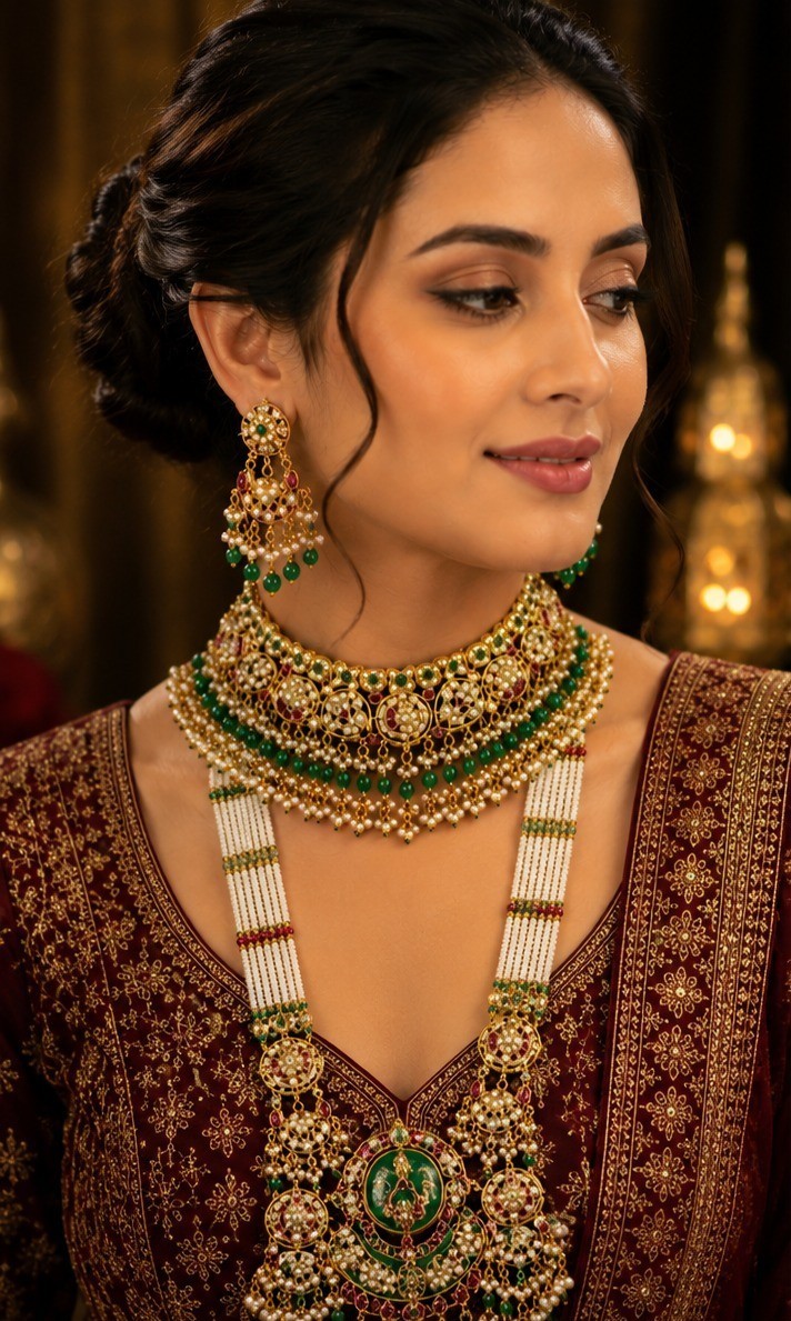 Indian Traditional Kundan Long Necklace Set Pearl Choker Green Beads Earrings