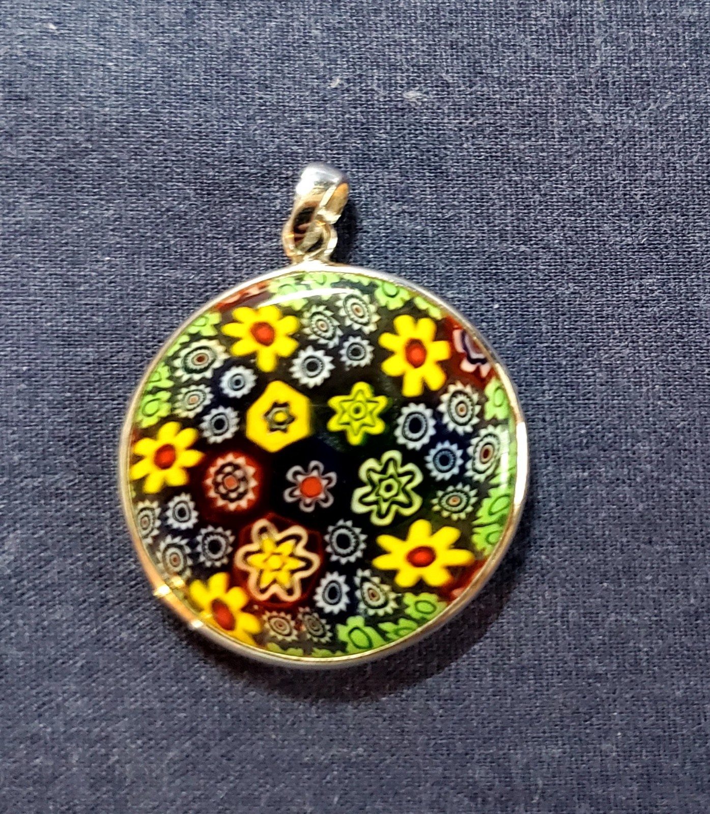 Vintage Millefiori flower pendant in Sterling Silver finding