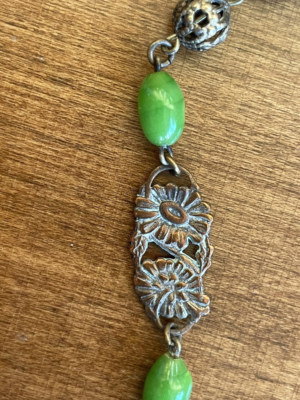 Antique Art Deco Czech Green Glass Beads Lavalier Flapper Necklace Roaring 20s