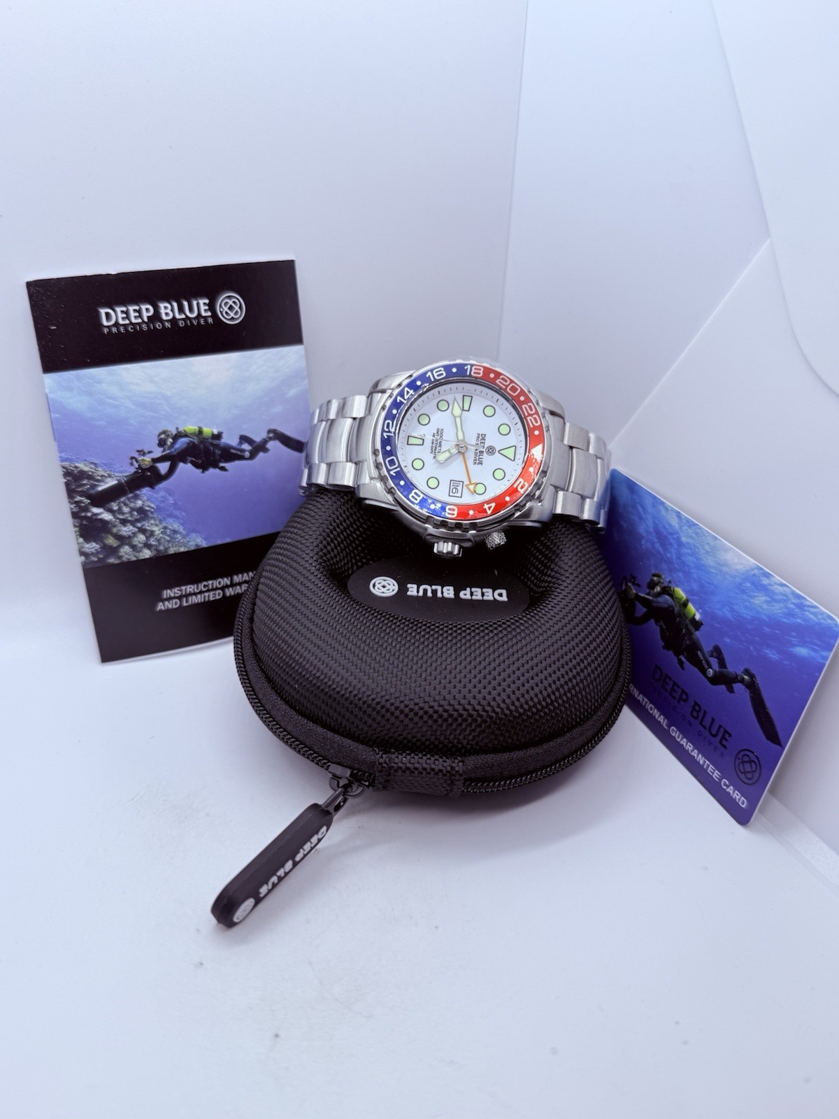 Deep Blue PRO SEA DIVER 1000M GMT AUTO DIVE WATCH-RED/BLUE BZL WHITE DIAL/NEW‼️