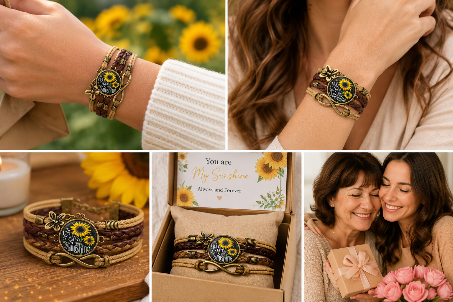You Are My Sunshine Sunflower Leather Bracelet Butterfly Charm Gift for Her
