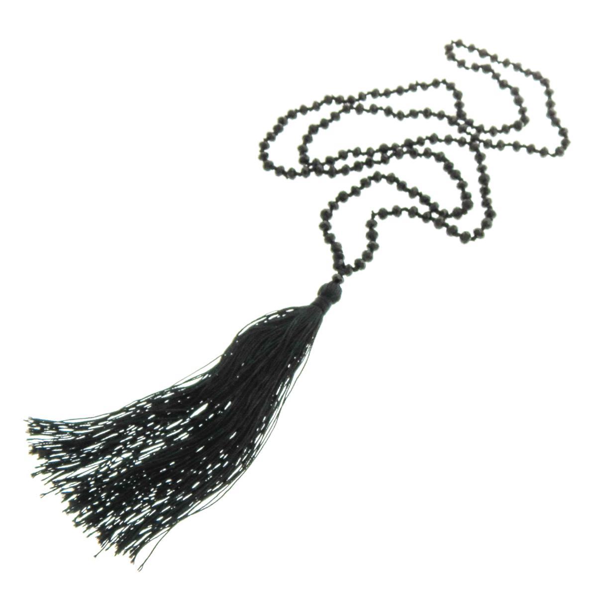 Long Black Beads With Tassel Pendant Necklace, 32″