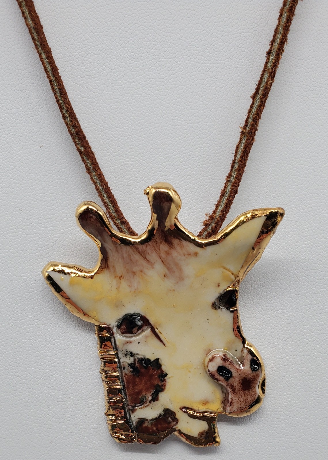 Giraffe Ceramic Pendant On Leather Cord Necklace 22″