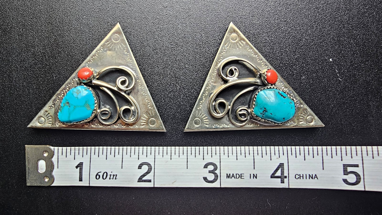 Triangle Collar Cover Silver Tone Metal Blue Turquoise & Red Coral Bezel 2in