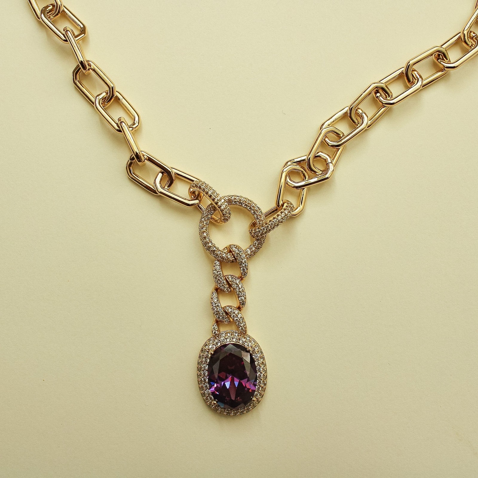 Amethyst Pendant Paperclip Chain Necklace — Gold