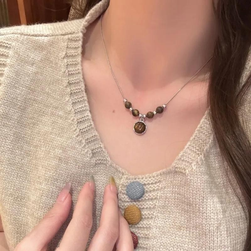 Vintage Brown Stone Pendant Necklace, Leather Choker, Retro Hip Hop Jewelry