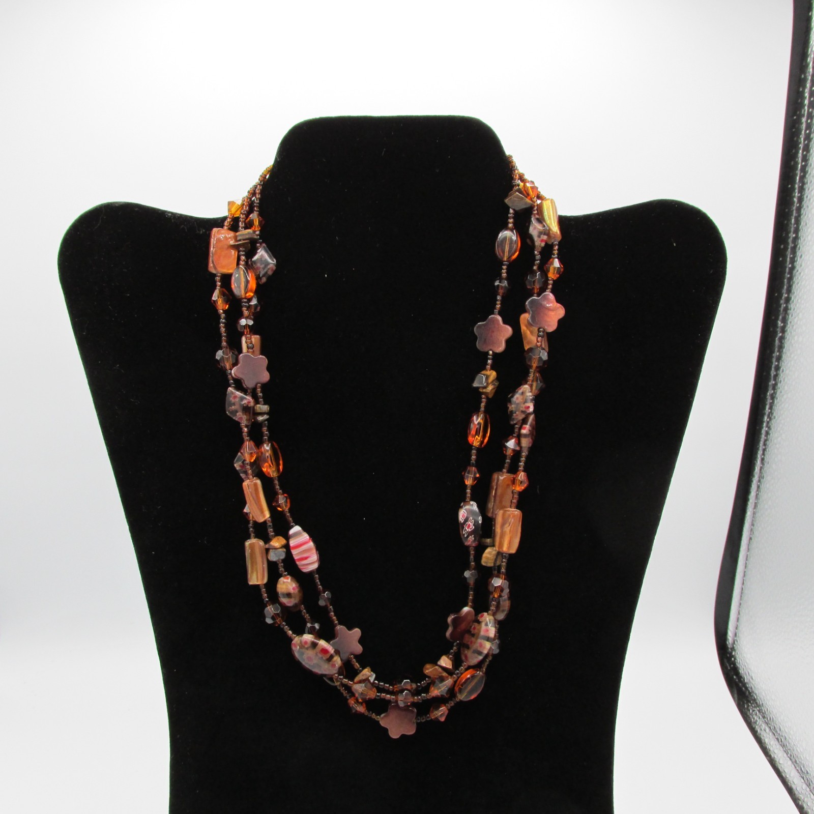 Triple Strand Necklace Amber Copper Brown Silver Tone Metal Lampwork Glass Bead