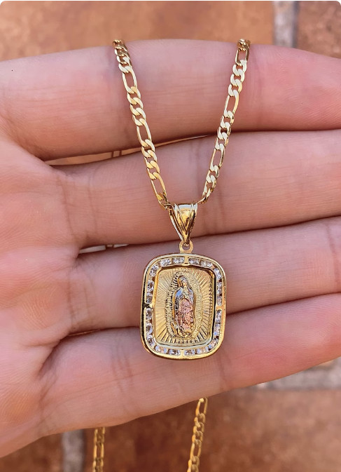 14K Gold Filled CZ Virgem Guadalupe Necklace Figaro Chain Cadena Mujer y Hombre