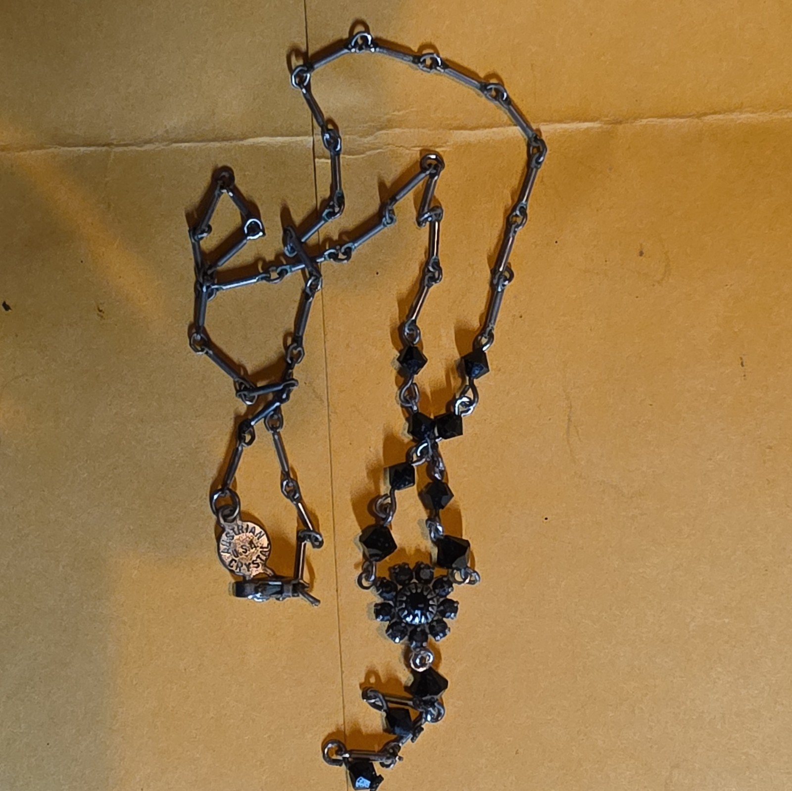Black Beaded Rosary Chain Necklace Silver Flower Charm Pendant Signed