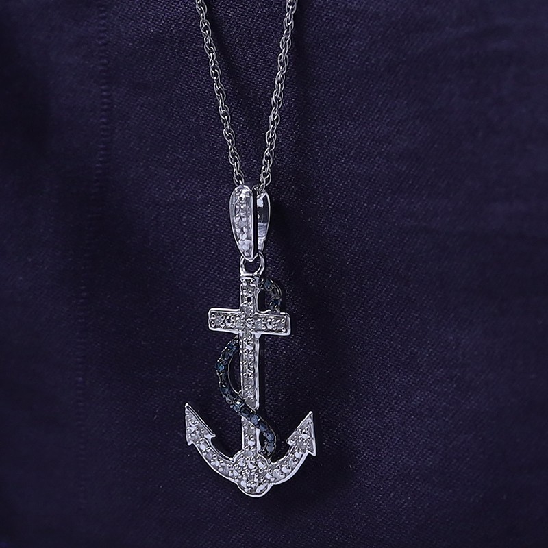 1/10ct Real Blue & White Diamond Anchor Pendant 18″ Necklace 925 Sterling Silver