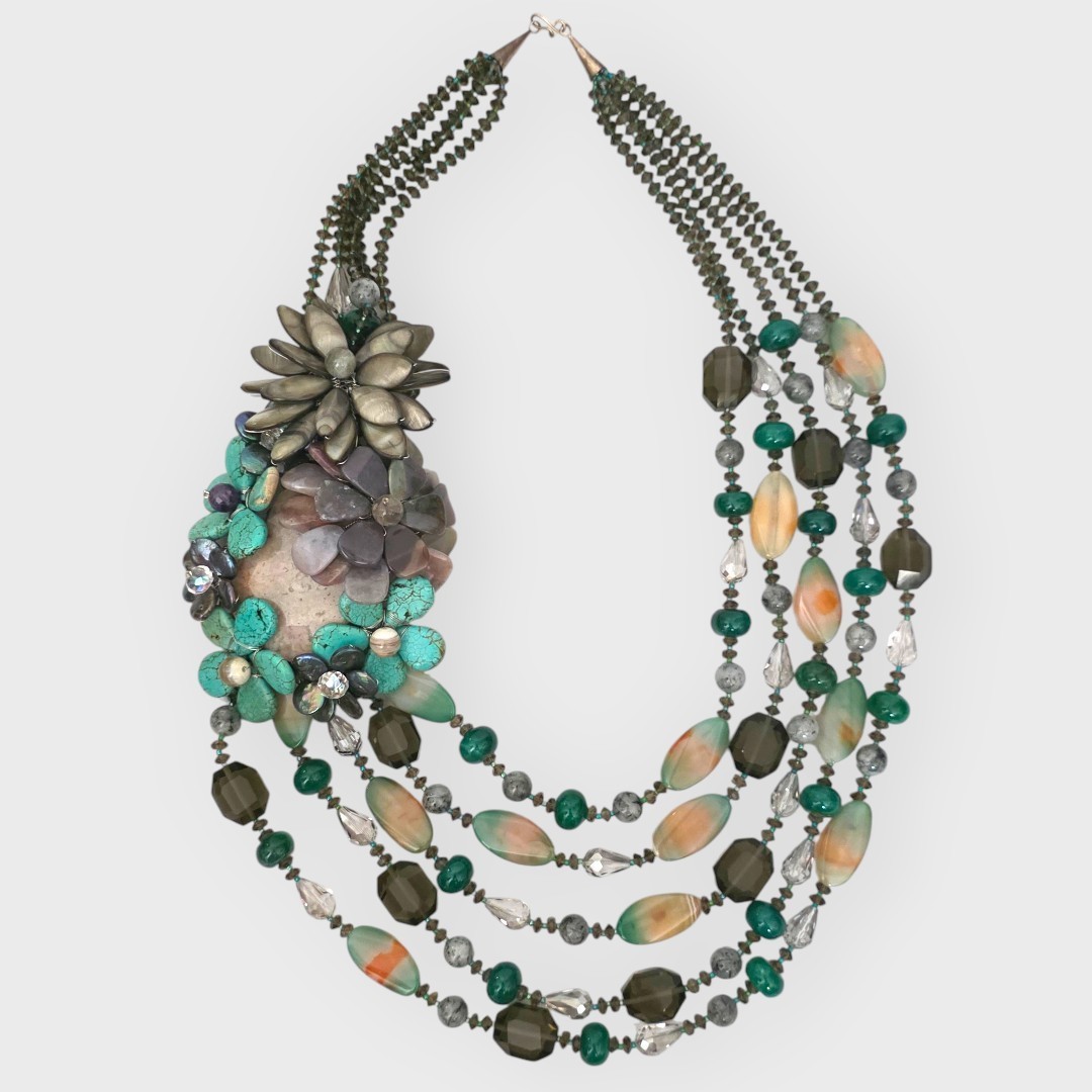 EUC Semi Precious Gemstone Beaded Multi-Strand Statement Necklace