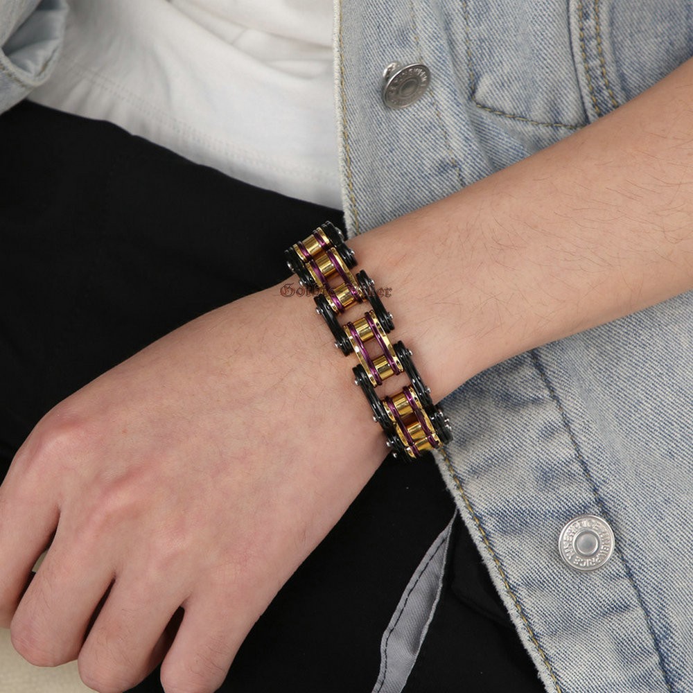 Men Heavy Stainless Steel Motorcycle Bike Chain Link Bracelet Biker Multi-Colors
