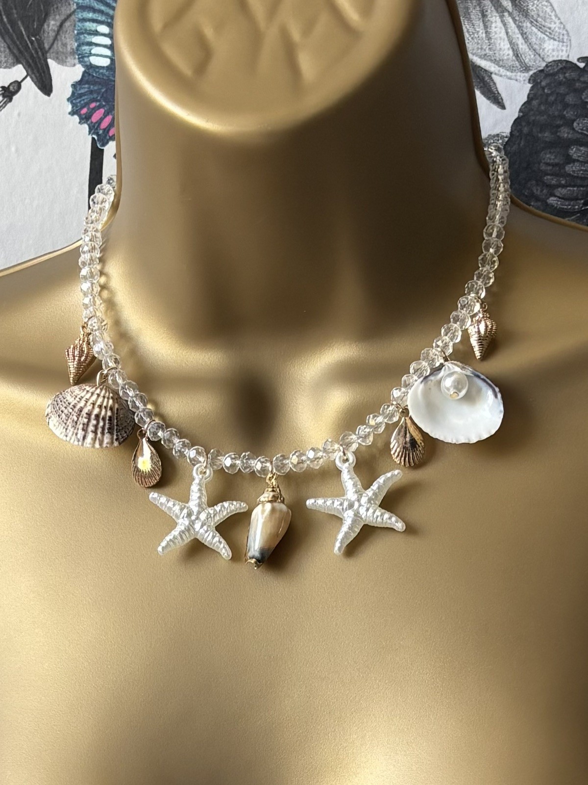 Sparkly Clear Beaded Gold Boho Beach Theme Necklace – Shells Starfish Faux Pearl