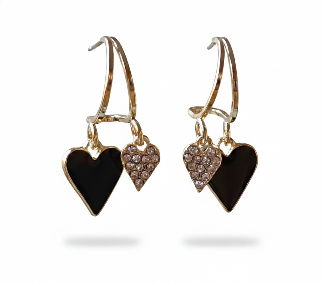 Gold Black Diamante Heart Drop Earrings Dangle Womens Stylish Fashion Jewellery