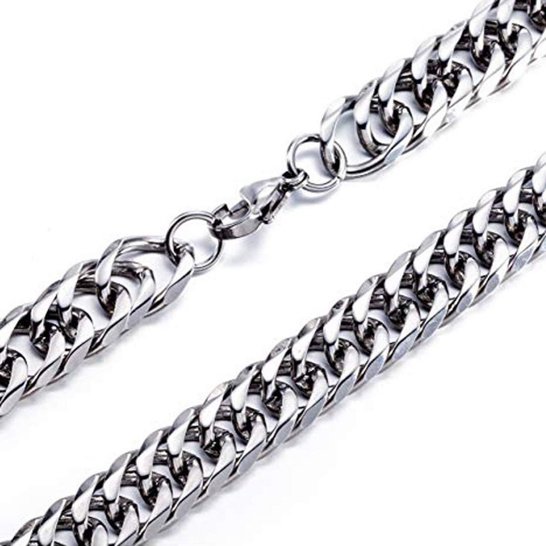 High Polished 7-13MM Silver Stainless Steel Double Curb Chain Necklace for Mens