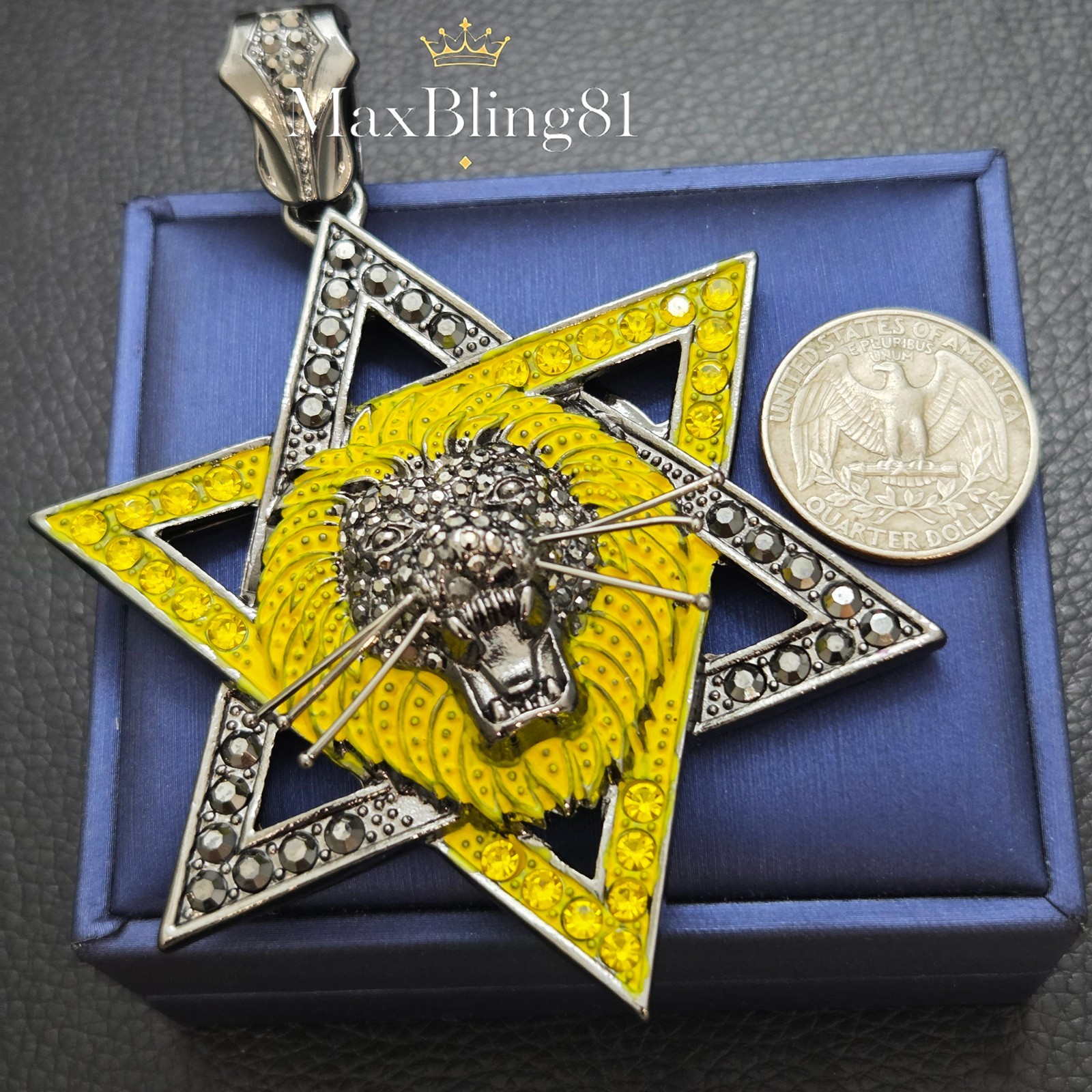 HIP HOP STYLE ICED CZ HEMATITE BLACK LARGE STAR OF DAIVD LION HEAD PENDANT CHARM