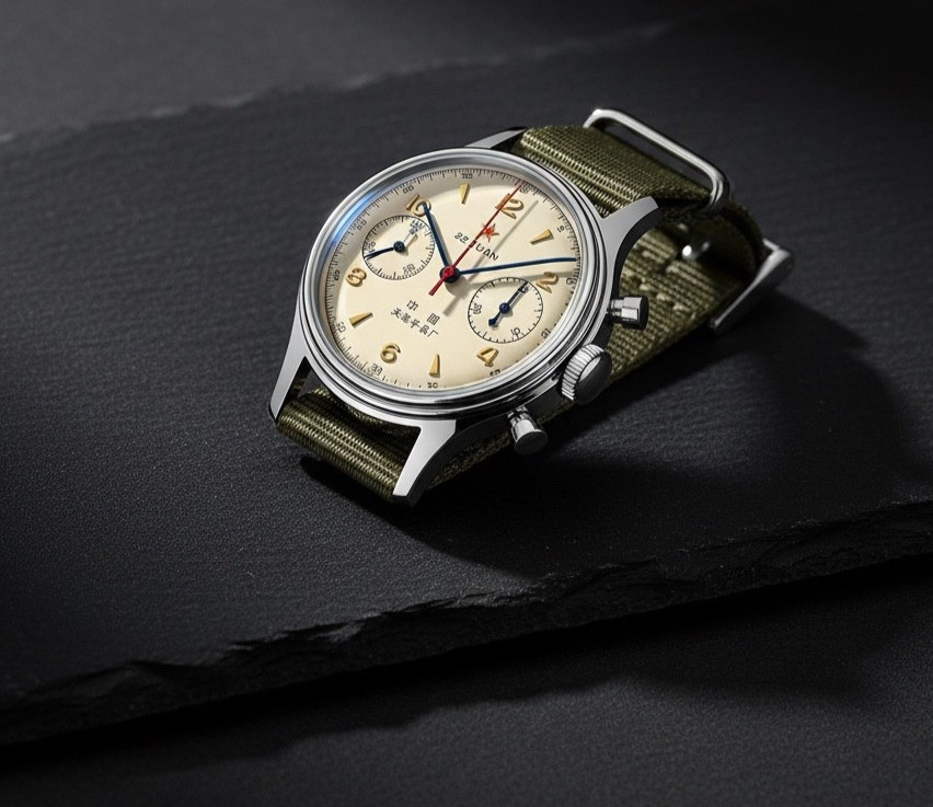 Seagull 1963 Chronograph — ST1901 Manual Wind, Beige Dial, NATO, D304