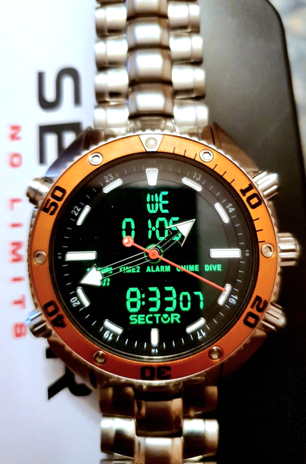 Sector Dive Master 46mm Analogic-Digit Lcd Alarm Dual Time Steel 100mt