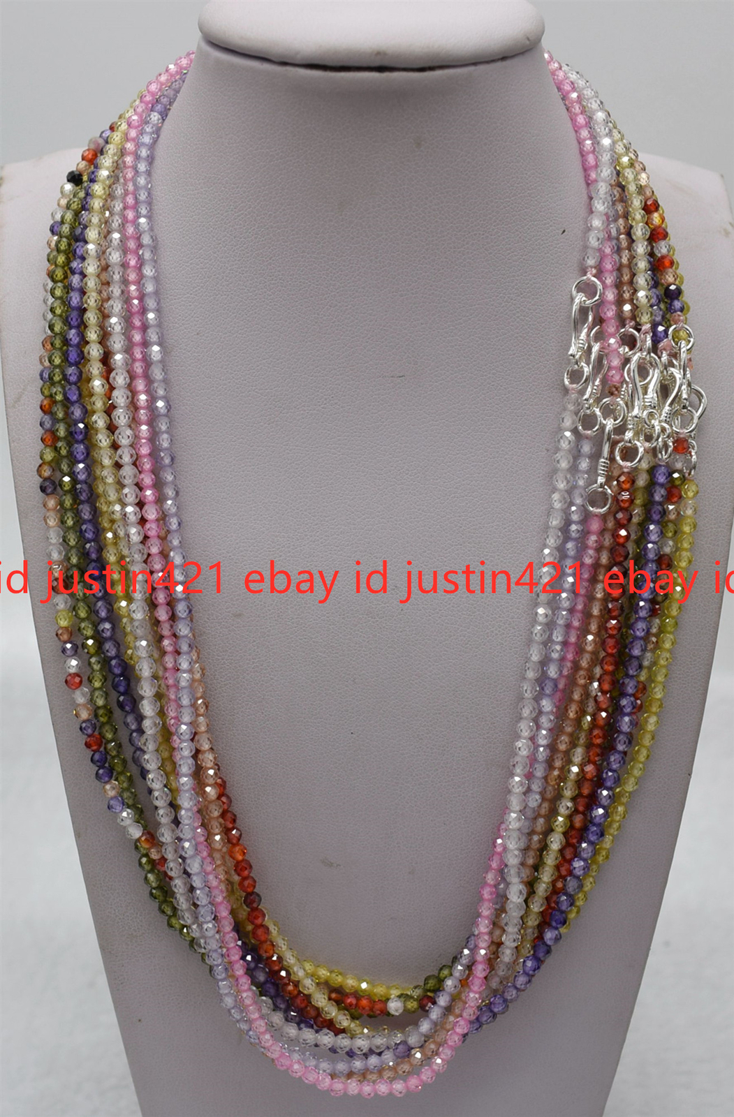 Genuine Natural 3mm Faceted Multicolor Zircon Round Gems Necklace Silver Clasp