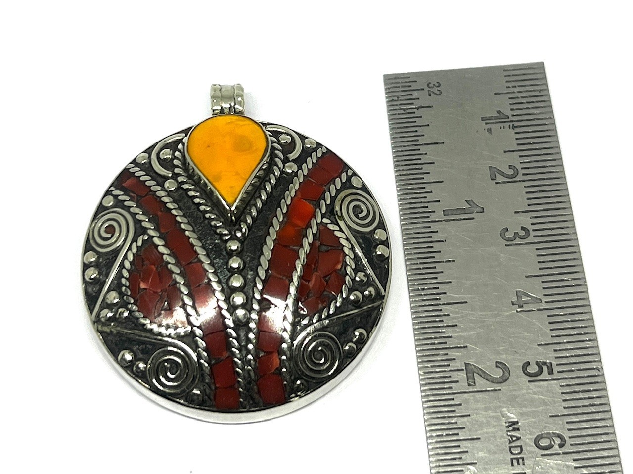 Antique Red Coral Amber Gemstone Tibetan Statement Pendant Jewelry, 2.0 inch