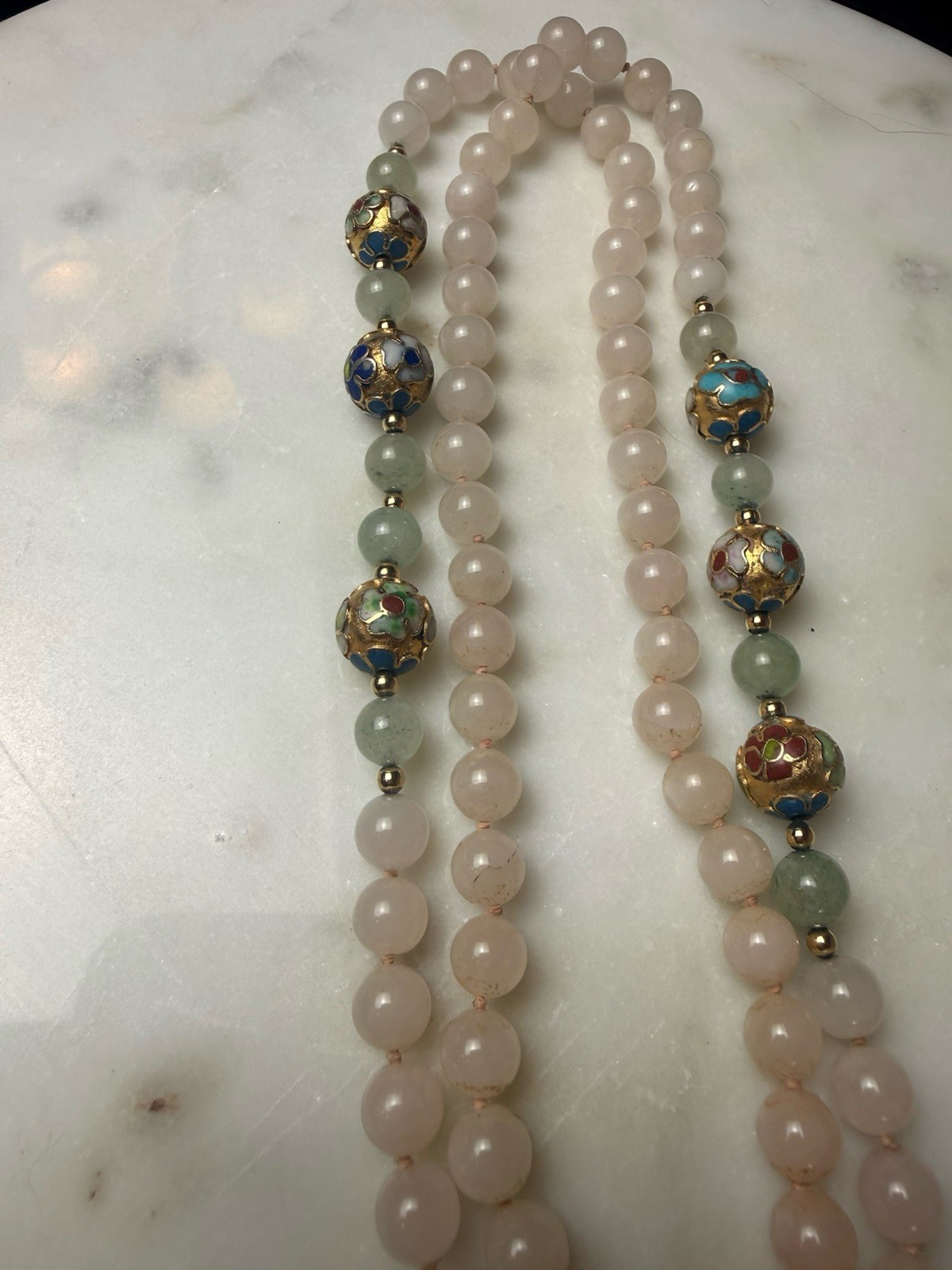 Rose Quartz Pale Jade Cloisonne Hand Tied Necklace 33 Inches