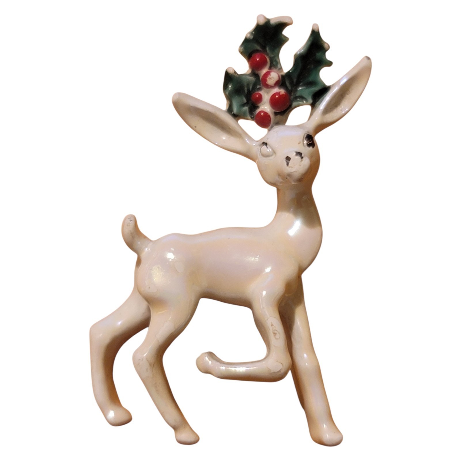 Gerry’s Enamel White Reindeer Brooch Pin Iridescent Christmas Signed Vintage