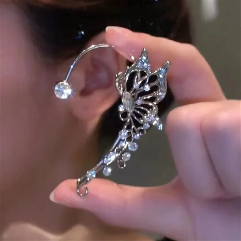 Korean Fashion Zircon Butterfly Elf Ear Cuff for Women Sparkling Zircon Crystal