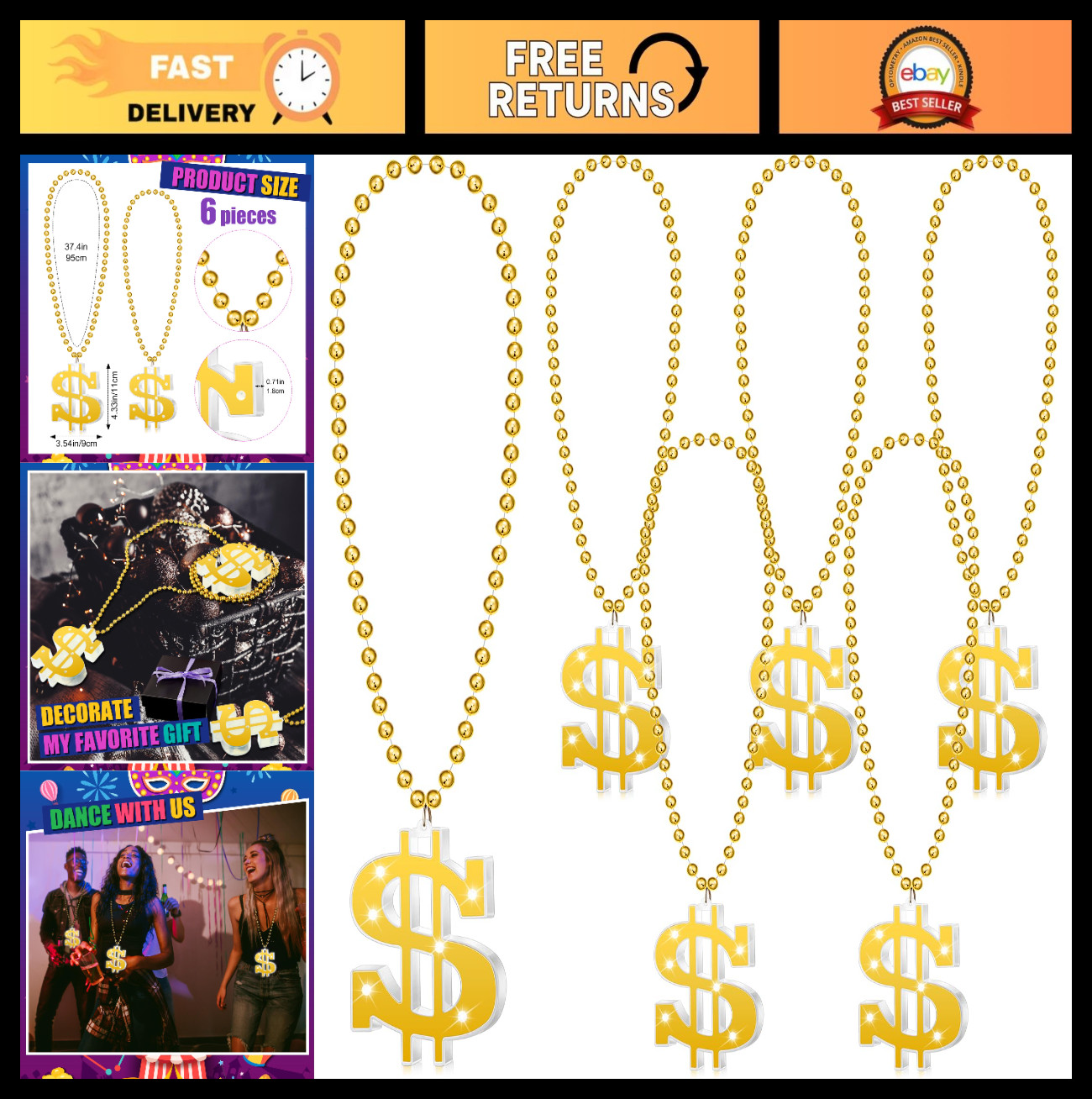 Light-Up Dollar Sign Necklace, Gold Money Chain Pendant, Hip Hop Jewelry for Men