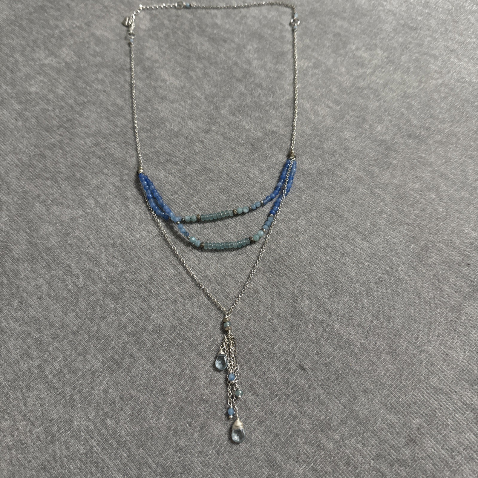 Nakamol Lariat Necklace Natural Blue Stones Bead Crystal Silver Chain Boho